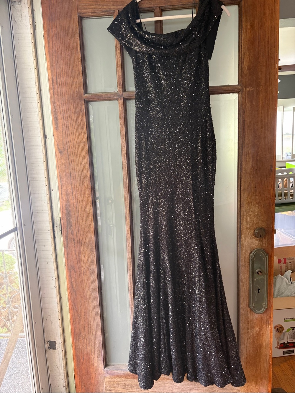 Baltic Born Black Sequin Off-Shoulder Gown